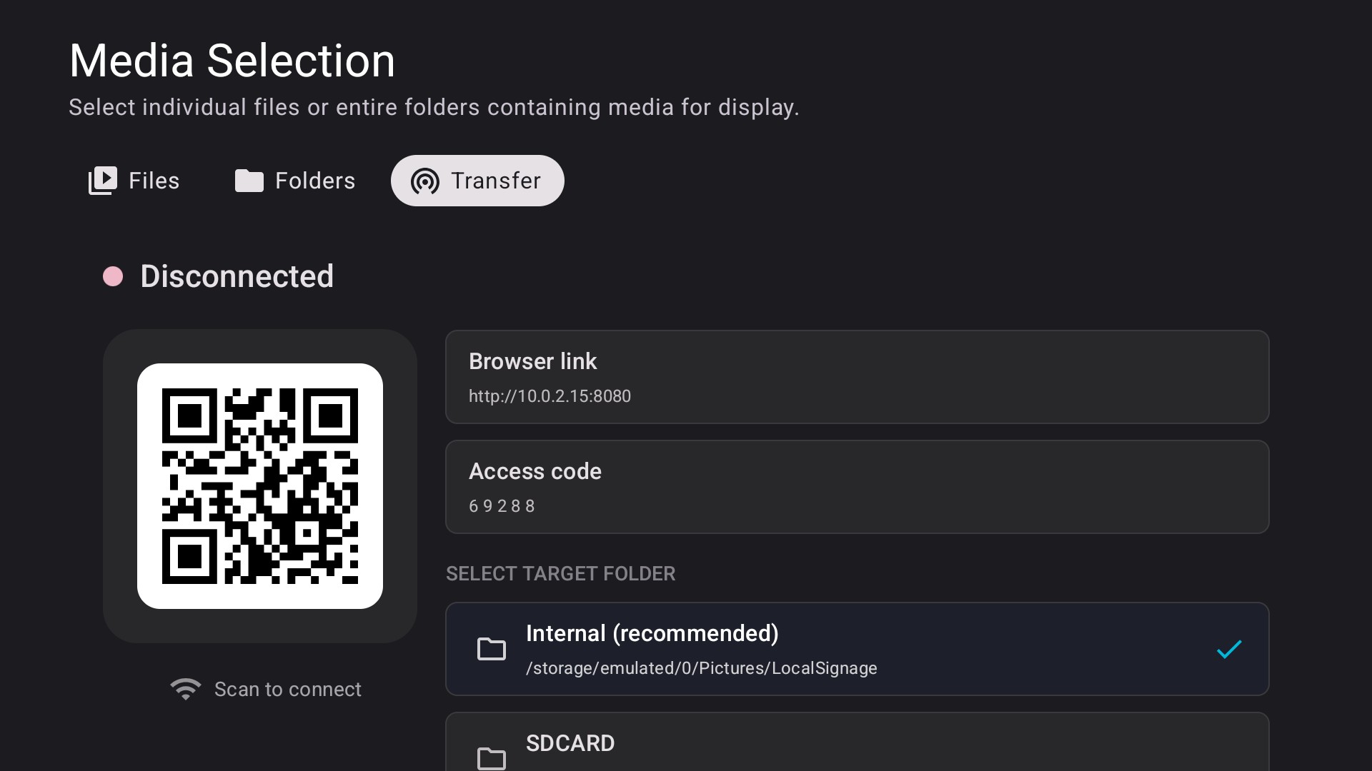 Portal server on TV showing QR/link and code