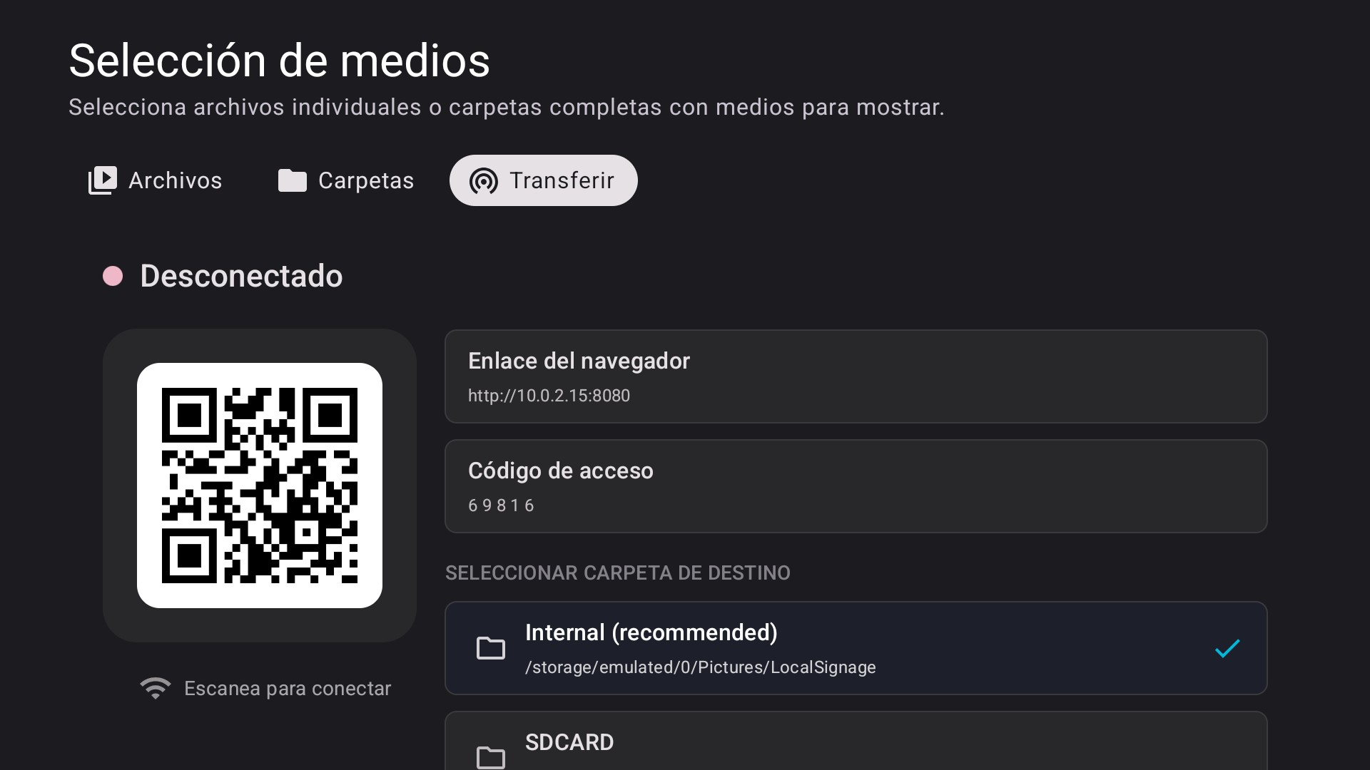 Portal en la TV mostrando el QR/enlace y código